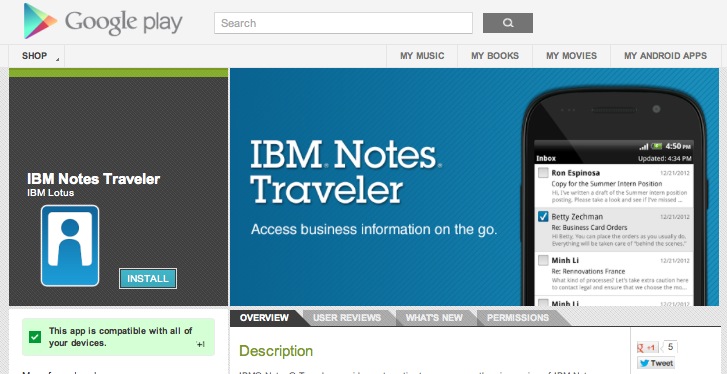 Image:IBM Notes Traveler Android Client ab heute auch im Google Play Store